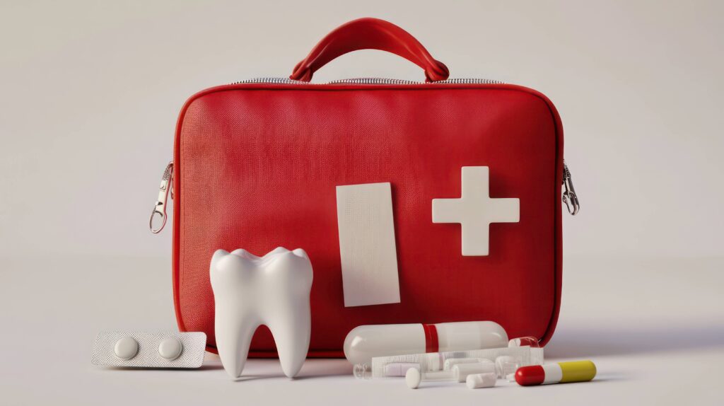 Prop tooth next to dental emergency kit and tools